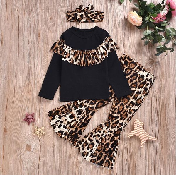 

baby girls clothes leopard ruffle toddler girl flare pants headband 3pcs sets designer children clothes set fashion kids outfits bt4625, White