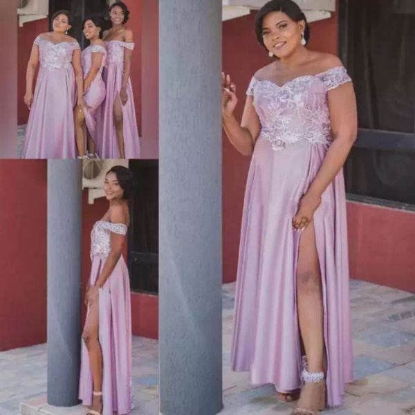 2022 Plus size vestidos de dama de honra fora do ombro lace applique chão comprimento lateral de cetim slit feito sob encomenda feito de dama de honra vestido de praia vestidos de casamento