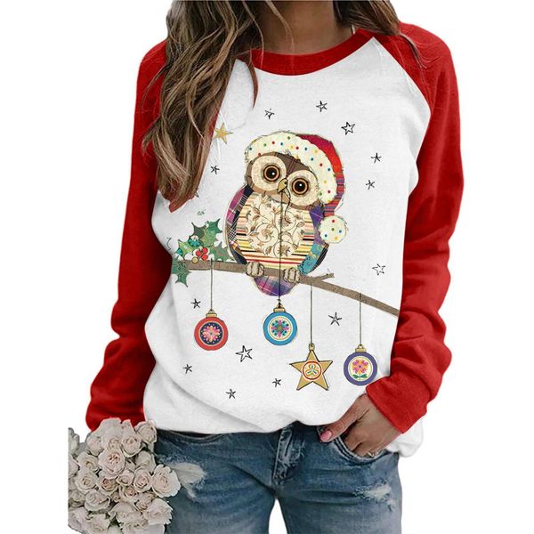 

2021 retro cute owl print women t-shirt 2021 christmas long sleeve raglan woman clothes o neck vintage tee shirt femme, White