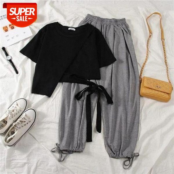 

korean tshirt and high-waist exposed navel wide-leg pants 2 piece set women outfits clothes 2020 loose matching sets #ep02, Black;white