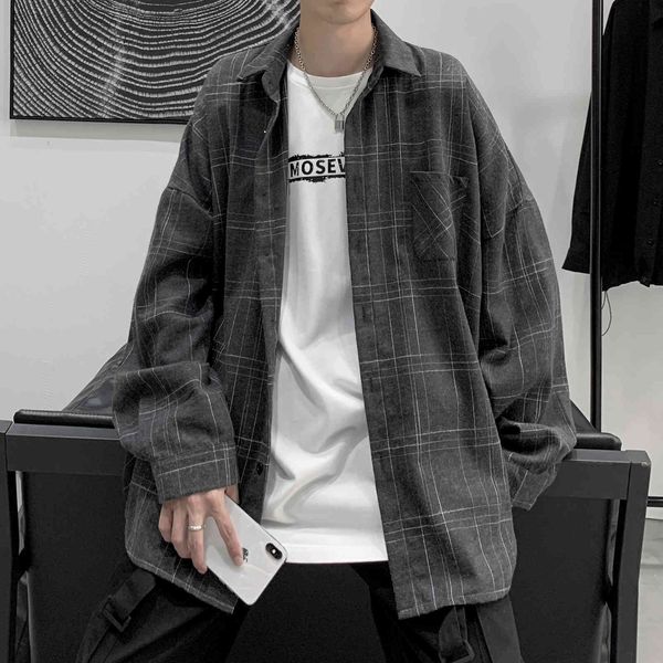 

men's jackets loose plaid shirt with long sleeves, male and female casual double clothes, hip hop, large size, for spring fkat, Black;brown