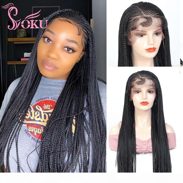 

13x4 frontal braided lace front with baby hair for african black women 28 inches soku box braids synthetic wig, Black;brown