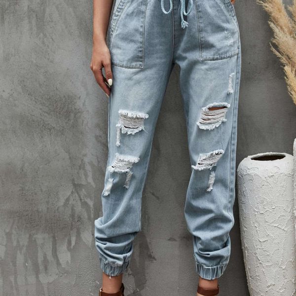 

perforated denim drawstring elastic waist washed casual pants fashion, Blue