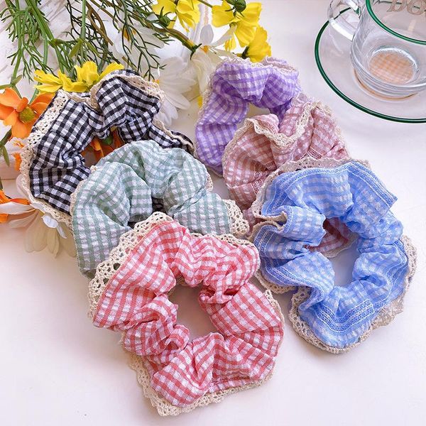 

hair accessories women's plaid scrunchie circle sweet girl white lace candy color elastic large intestine cloth head rope headdress