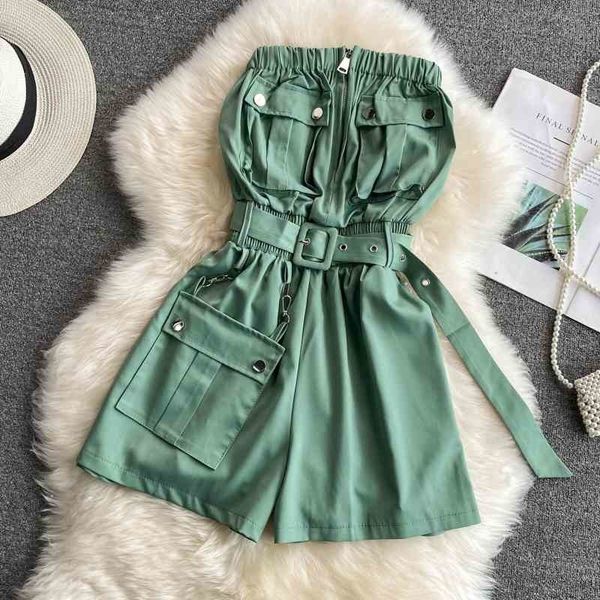 

summer style korean fashion tooling overalls high waist wide-legged chest wrap jumpsuit shorts women 210525, Black;white