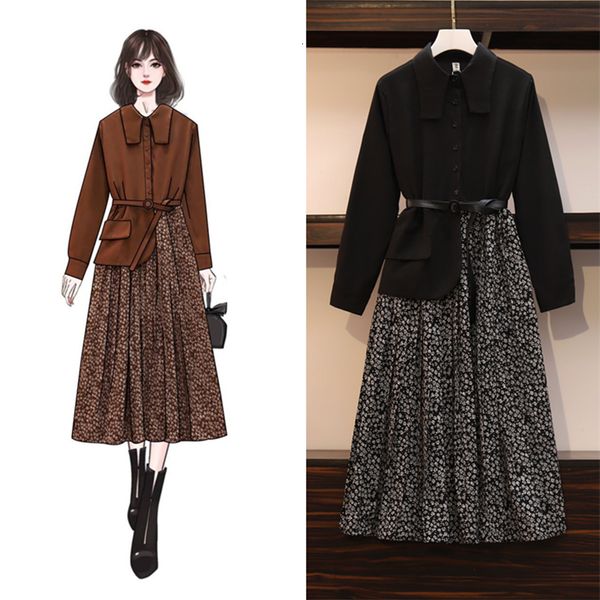 

Big Plus Size L-4xl Floral Shirt Shreds Dressed in Long Sleeves Fall Fashion Print Midi Dress Q56z, Black;gray