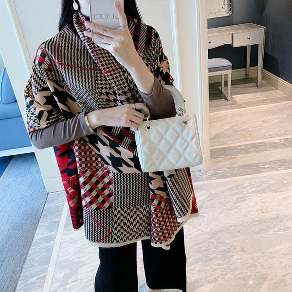 

scarves houndstooth scarf women's korean all matching imitation cashmere color heavy warm plaid shawl, Blue;gray