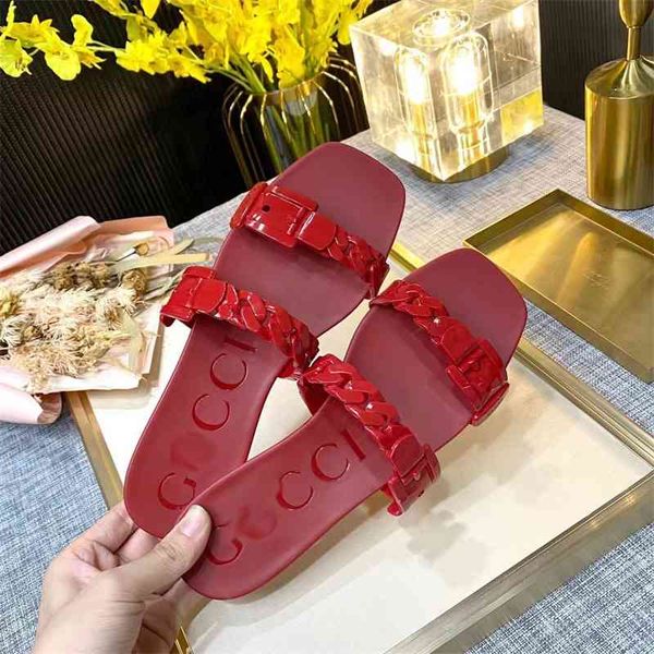 

family 2021 summer new style square chain flat bottomed beach jelly slippers, Black