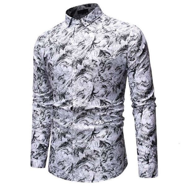 

2021 spring new european slim print fashion casual long sleeve men's shirt, White;black