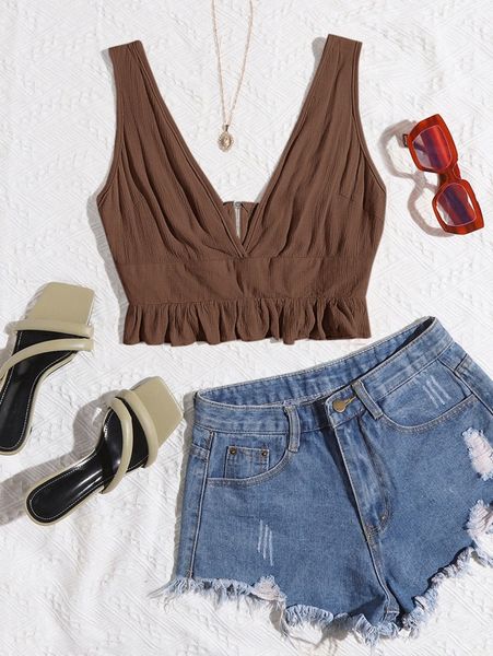 

v neck ruffle hem solid crop f6kh#, White