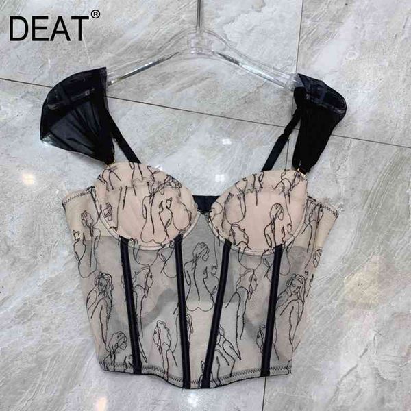 

[deat] pink and back mesh patchwork embroidery perspective fishbone suspender vest for women style summer gx862 210616, White