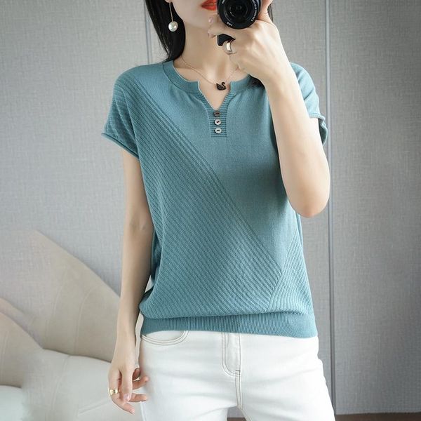

women's t-shirt pure cotton women 2021 summer casual solid color knitted v neck slim fit pullover blouse short sleeve tees, White