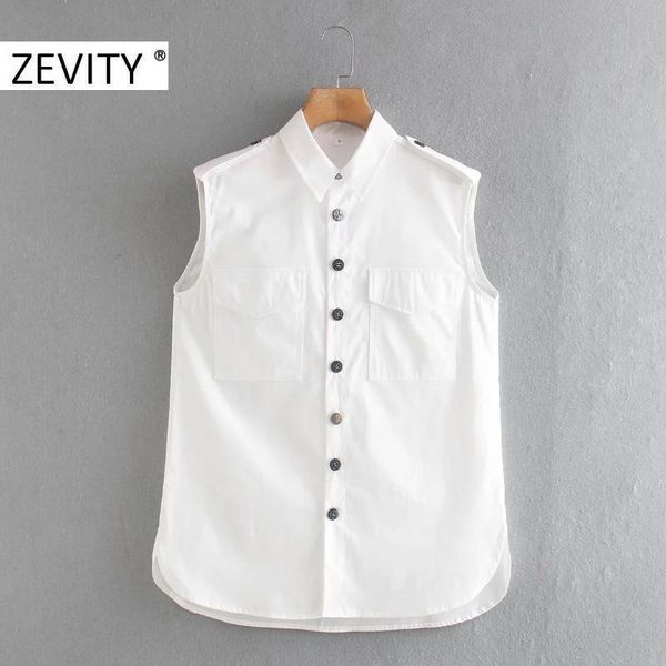 

zevity women vintage turn down collar sleeveless casual blouse office ladies pocekt patch shirt chic breasted blusas ls7110, White