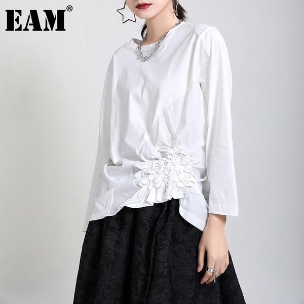 

women's t-shirt [eam] women white brief irregular wrinkled black round neck long sleeve fashion tide spring autumn 2021 1dd3891