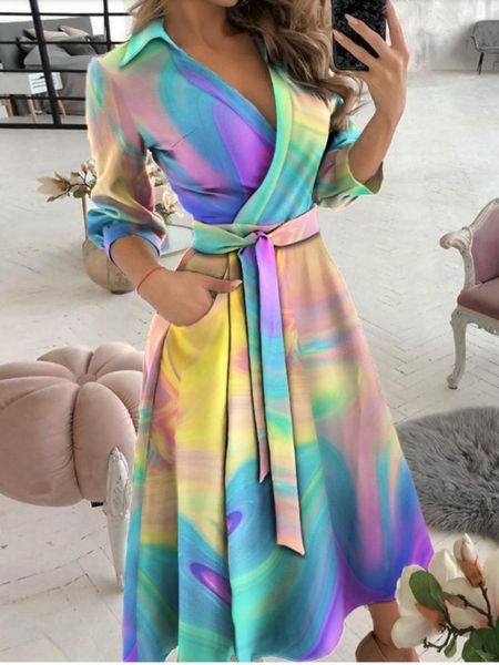 

casual dresses 2021 sell spring summer long boho dress for women clothing fashion turn down collar v neck tie dye sleeve woman, Black;gray