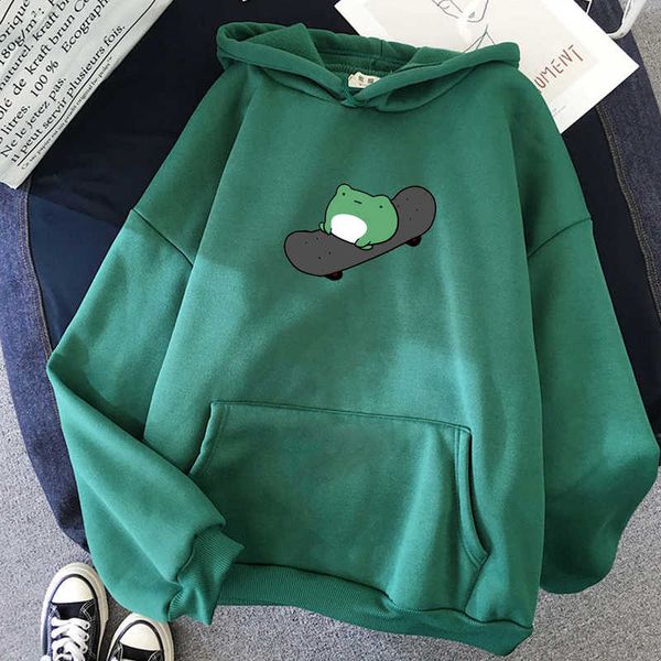 

winter skateboard frog oversized sweatshirt men and women hoodies harajuku warm pullover drawstring pink womens korean style 210927, Black