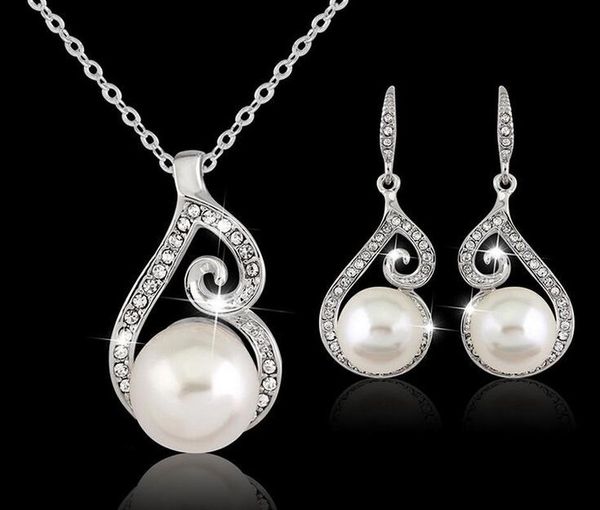 

2016 women crystal pearl pendant necklace earring jewelry set 925 silver chain necklace jewelry 12pcs sale
