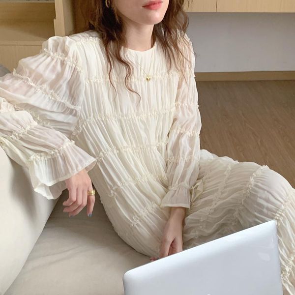 

casual dresses 2021 autumn women beige long straight folds dress petal sleeve loose waist fairy female ruffle hem, Black;gray