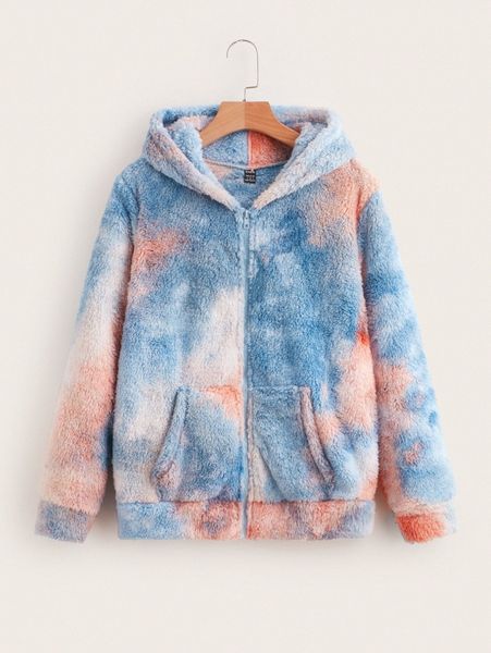 

tie dye kangaroo pocket hooded teddy jacket 161o#, Black;brown