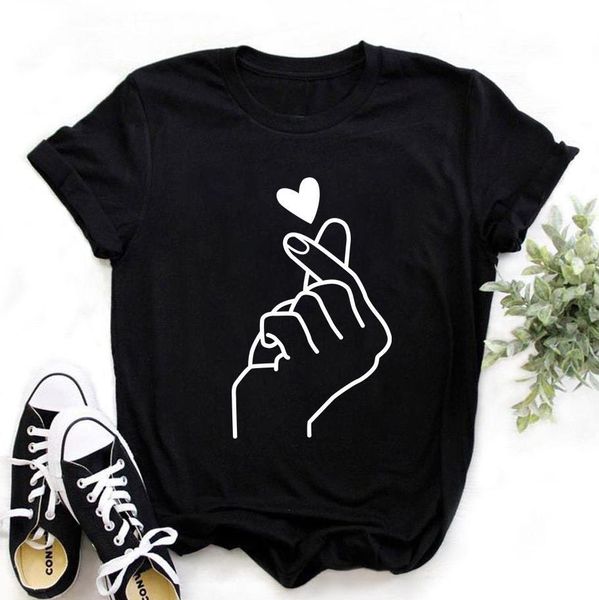 

women's t-shirt harajuku love cotton t shirt female heart gesture print black shirts girls summer fashion clothes, White
