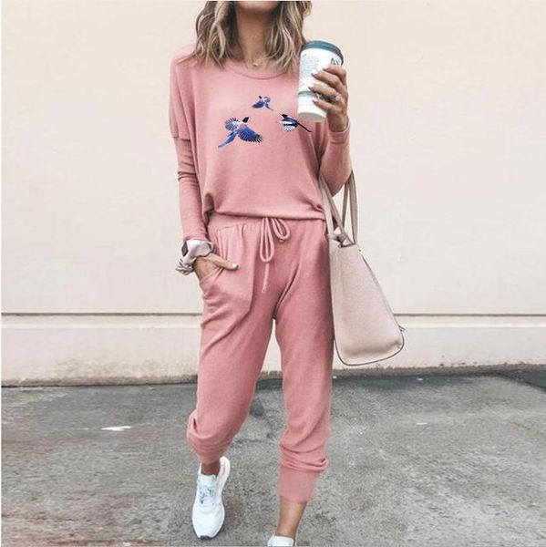 

women's two piece pants 2021 european and american autumn winter clothing home loose solid color long sleeve leisure suit, White