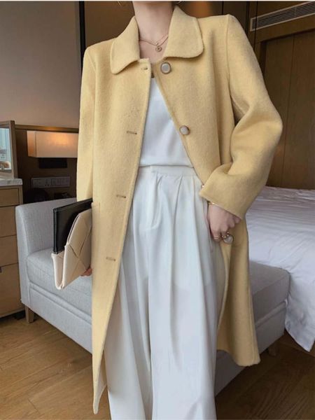 

women's wool & blends fashion 2021 elegant woman overcoat 100% cashmere jacket for lady autumn spring fall outerwear clothing, Black