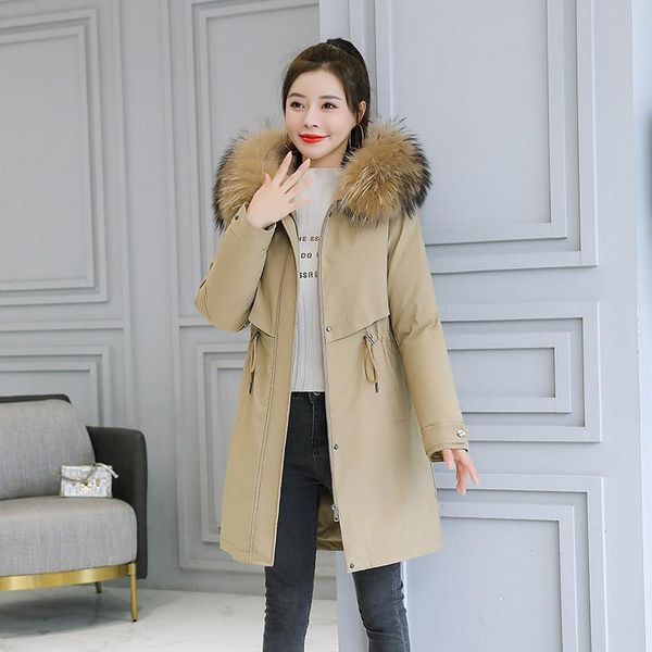 

women's down & parkas 2021 winter jackets women wool liner x-long with fur collar female hooded solid casual thick overcoat high qualit, Black