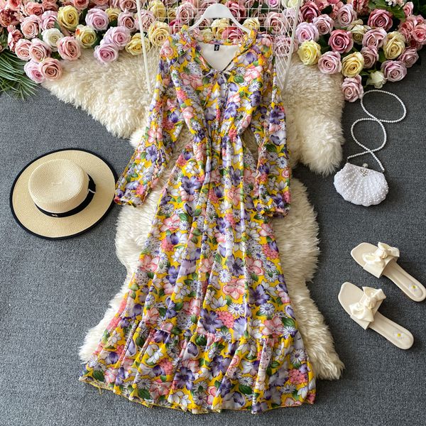 

2021 autumn winter bohemian chiffon women v-neck long sleeve floral printed vestidos female fashion maxi robe rpdt, Black;gray