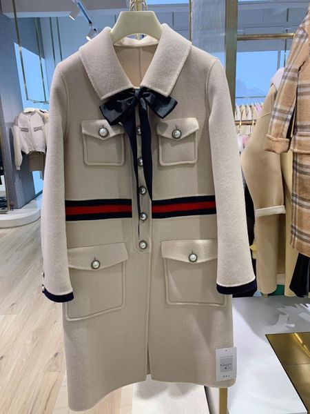 

handmade wool coat beige high-end double-sided cashmere coat women's middle long fragrance color matching bow retro woolen coat 210218, Black