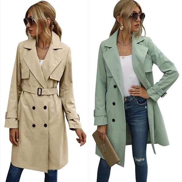 

women's trench coats autumn and winter european american thin windbreaker jacket loose casual clothing, Tan;black