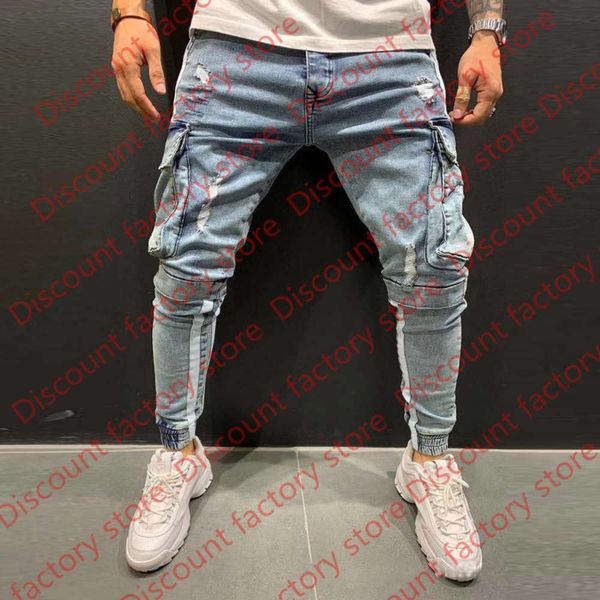 

mens jeans cargo casual skinny multi-pocket pants fashion american style biker hip hop denim trousers 28-36, Blue