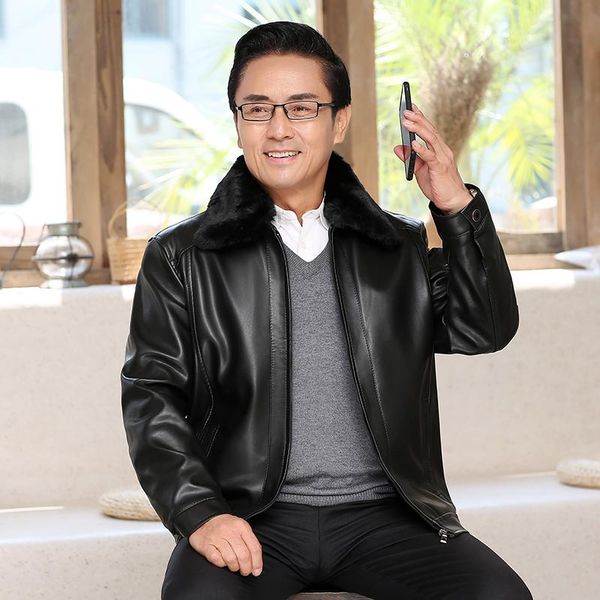 

men's fur & faux middle-aged and elderly thick leather jacket mens winter autumn fashion solid color windproof warm coat male bran, Black