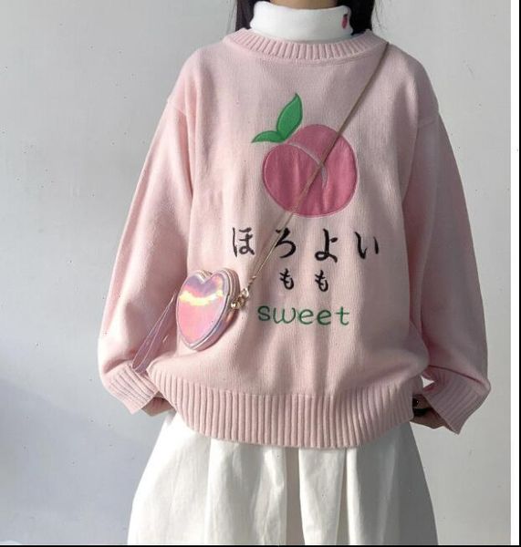 

autumn and winter peach embroidery pink cute loose college round neck sweater drop shipping high quality, White;black