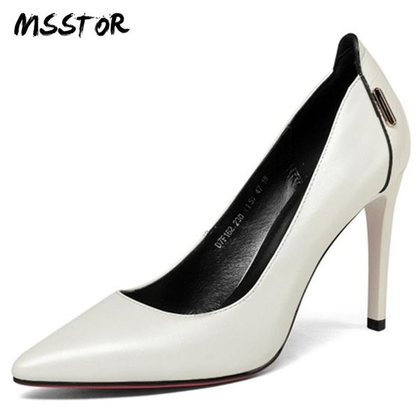 

dress shoes msstor metal decoration pumps stiletto concise genuine leather fashion woman 2021 spring pointed toe women heels, Black