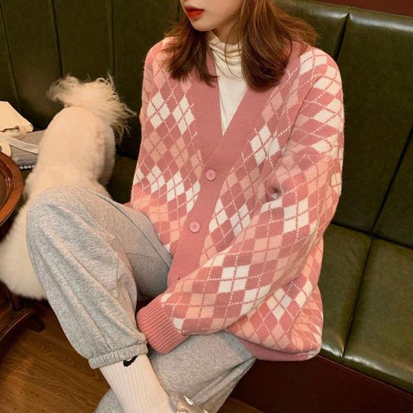 

women's knits & tees ladies cardigans long sleeve loose knitted sweater women korean pink sweaters female fashion single-breasted cardi, White