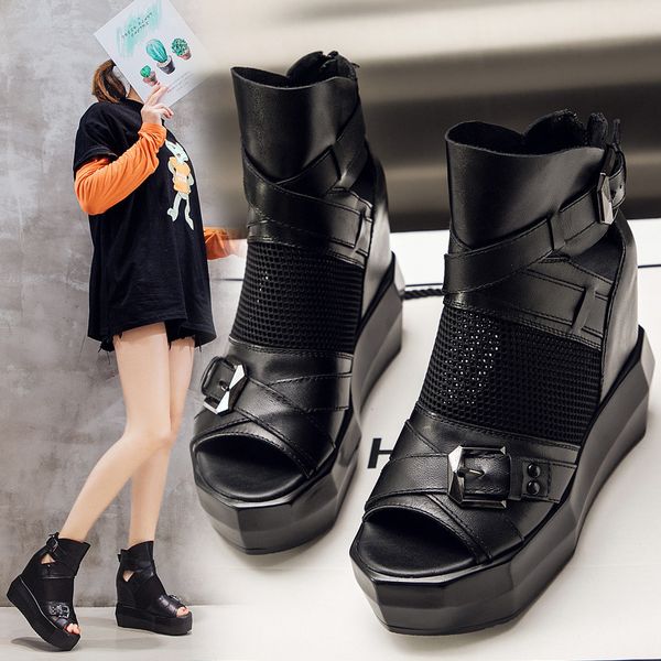 

women's sho sandals women's 2021 summer roman inner height casual leather thick sole high heel muffin fish mouth cool boots, Black