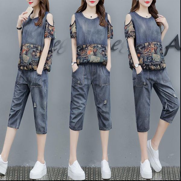 

denim 2 women tracksuits piece set outfits off shoulder print floral plus size two pieces jeans co ord pants, Gray