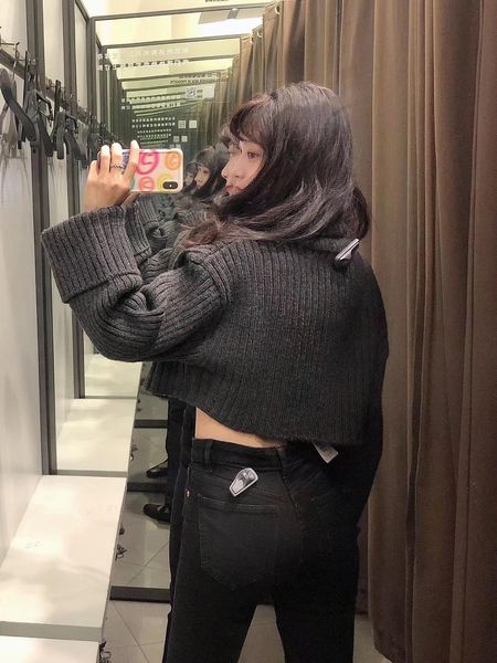 

2021 streetwear high collar knitting cropped sweater vintage woman long sleeve jumper pullovers high waist loose knitwear, White;black