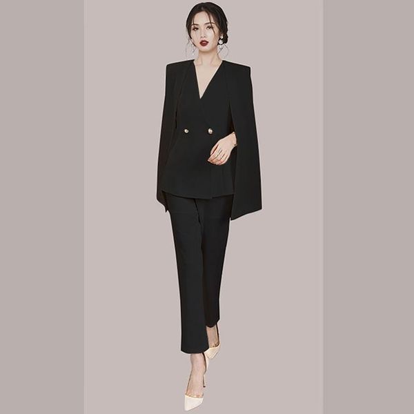 

women's two piece pants jsxdhk office lady autumn women 2 pant set runway v neck black shawl cloak sleeve blazer + pencil full length s, White