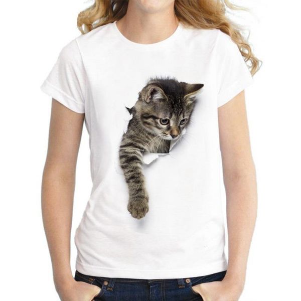 

2021 summer t shirt women naughty cat 3d lovely printing originality o-neck harajuku short sleeves t-shirts tee plus size, White