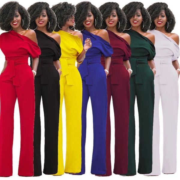 

women's pants & capris classic solid color diagonal collar button conjoined wide leg luxury tight women elegant ladies sexy, Black;white