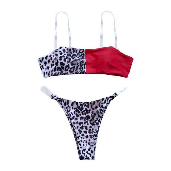 

women's swimwear 40gc womens bikini set color block leopard patchwork swimsuit clear straps bandeau bra high waist bottoms beachwear, White;black