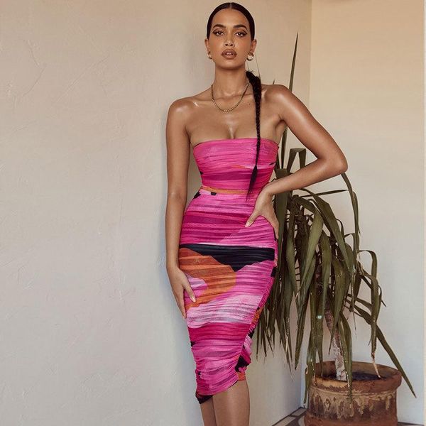 

women's clothing dresses for women party 2021 summer new fashion style strapless draped flowered printed bodycon dress sexy, Black;gray