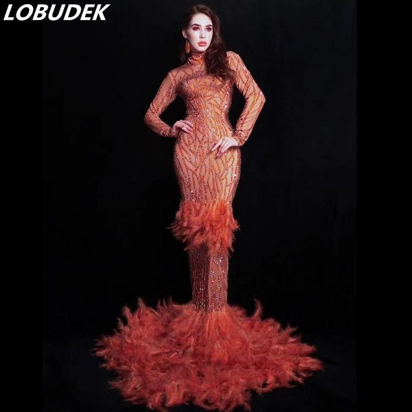 

casual dresses lady singer evening performance long dress models catwalk orange feathers rhinestones mermaid stage host trailing, Black;gray