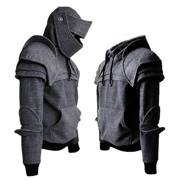 

cysincos vintage medieval knight men hoodies soldier hooded sweatshirt male mask armor pullover cosplay costume lj200826, Black