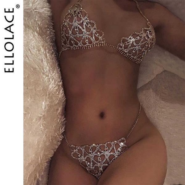 

ellolace luxury heart crytal lingerie set body chain harness for women chain bling rhinestone bra and thong set jewelry, Silver