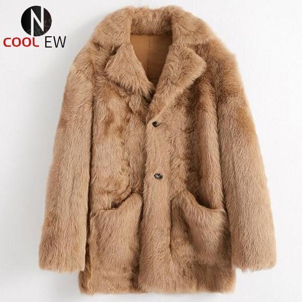 

men's leather & faux winter fashion mens sheepskin shearling outwear coats single breasted medium length real fur male straight, Black