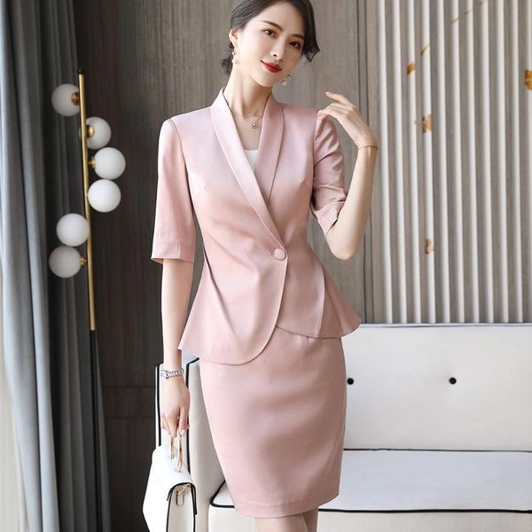 

two piece dress ladies summer skirt suits women business work office uniform designs pieces set pink black mini and half sleeve blazer, White