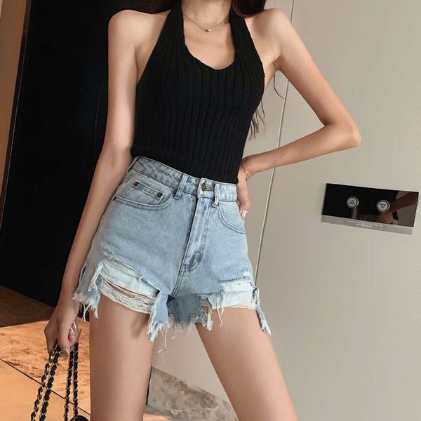 

summer new high waist show thin korean perforated denim shorts girl hip pants, White;black