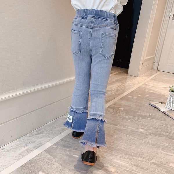 

jeans children's slit flared teenage girl elastic mid waist denim trousers cotton kids blue gray color casual cowboy pants